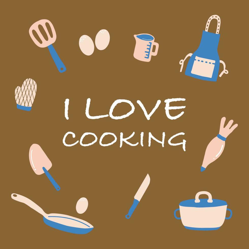 ich Liebe Kochen, Küche Werkzeug. Geschirr, Kochen Backen Utensilien. vektor