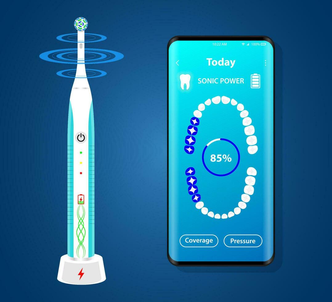 elektrisch Zahnbürste Illustration mit beschwingt Bürste und Handy, Mobiltelefon Dental App auf das Bildschirm von Telefon einstellen von Zahnbürsten, abnehmbar Düsen zum Hygiene Produkt. Zahnarzt Ausrüstung vektor