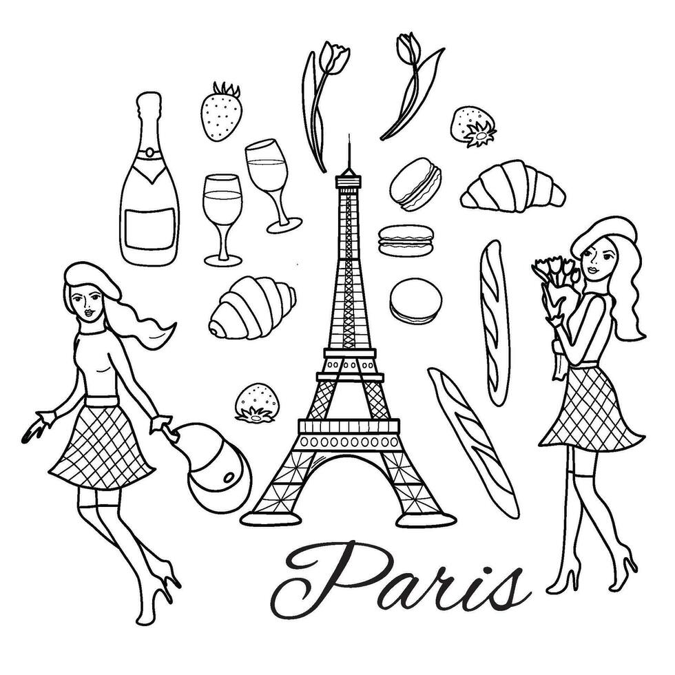 hand dragen ikon uppsättning med paris symboler. paris årgång stil vektor översikt illustration i klotter stätta.