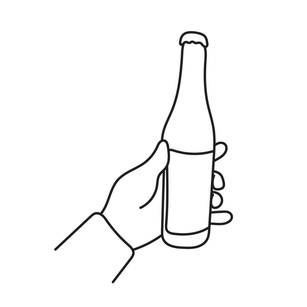 Nahansicht Hand halten Bier Flasche Illustration Vektor Hand gezeichnet isoliert auf Weiß Hintergrund
