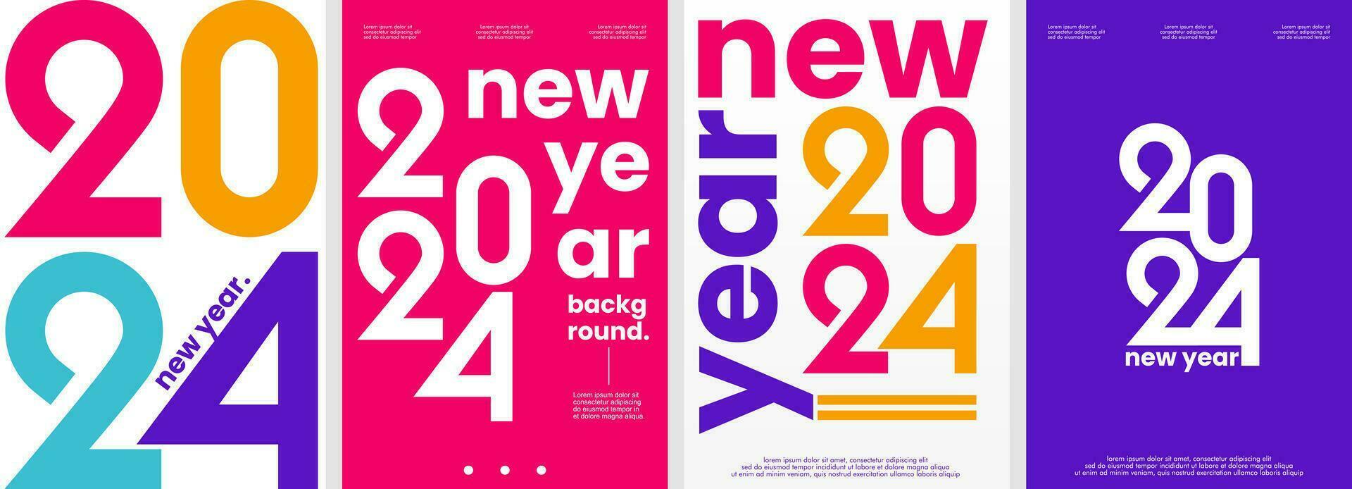 Neu Jahr 2024. einstellen von 4 einfach Typografie Hintergrund Vektor Illustration Vorlage, eben Stil. geeignet zum Poster, Abdeckung, Netz, Anzeigen, Sozial Banner, oder Flyer