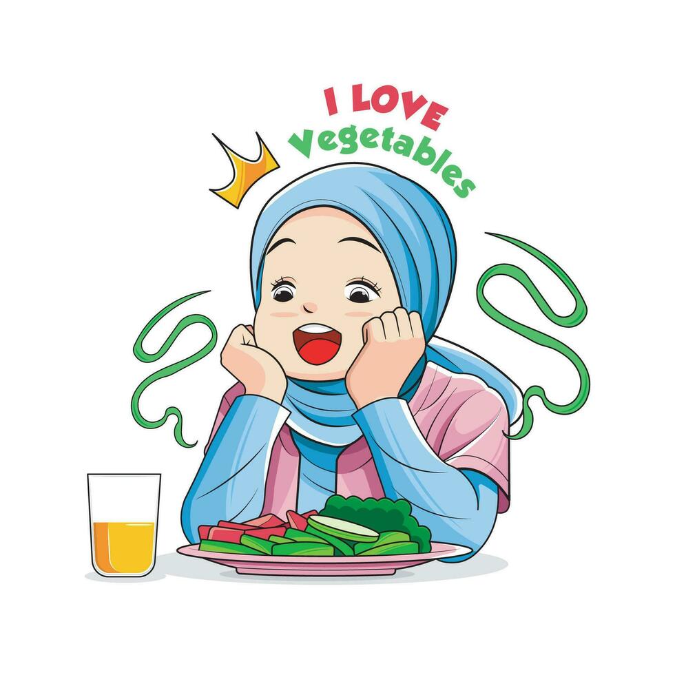 gesund Lebensmittel. süß wenig Mädchen im Hijab Liebe Gemüse. Vektor Illustration