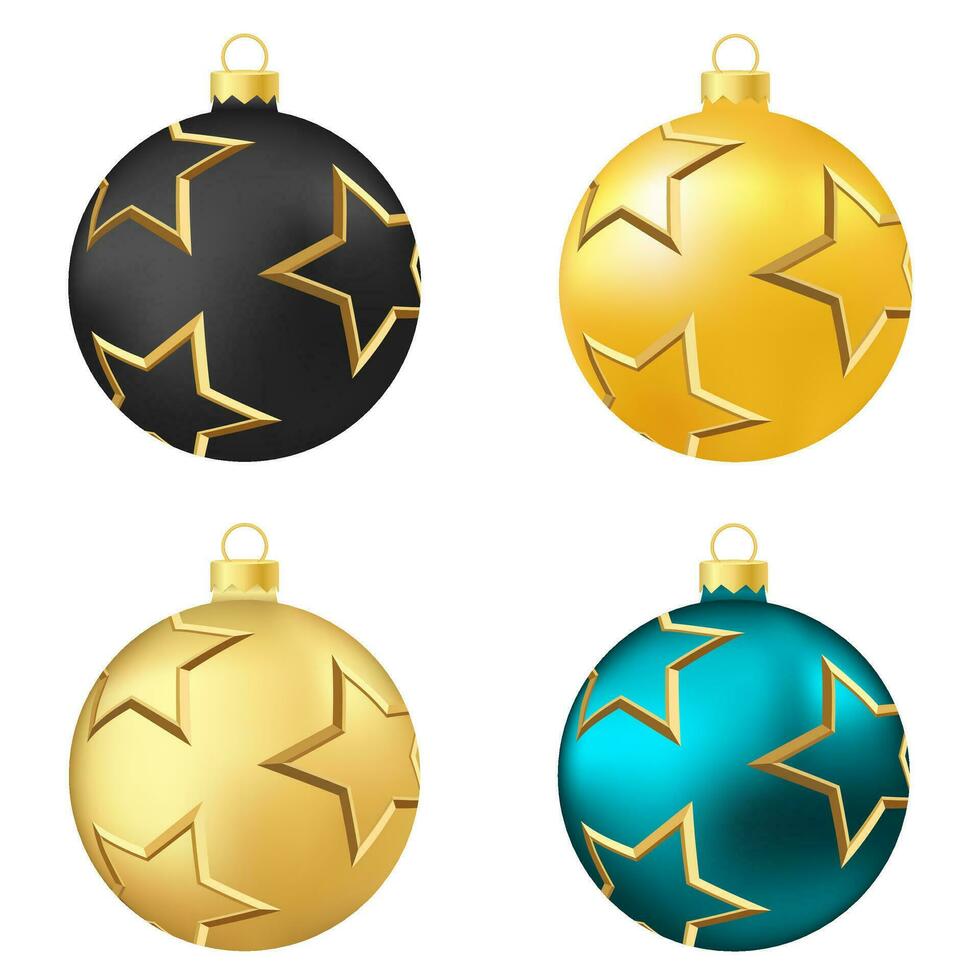 uppsättning av svart, gul, guld och aqua jul träd leksak eller boll vektor