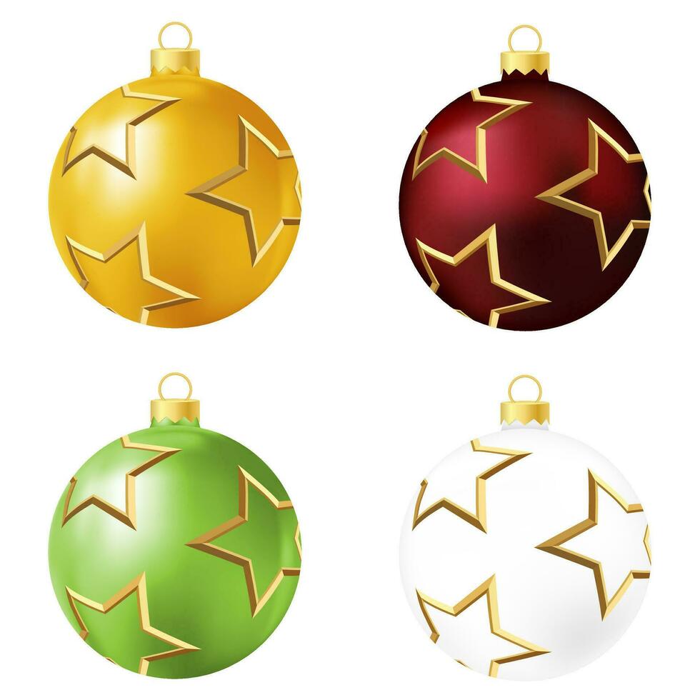 uppsättning av gul, röd, grön och vit jul träd leksak eller boll vektor