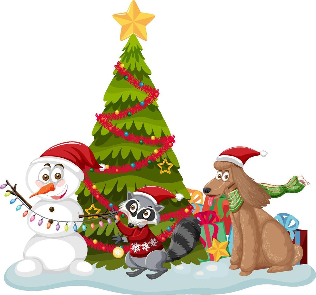 julgran med söta djur på vit bakgrund vektor