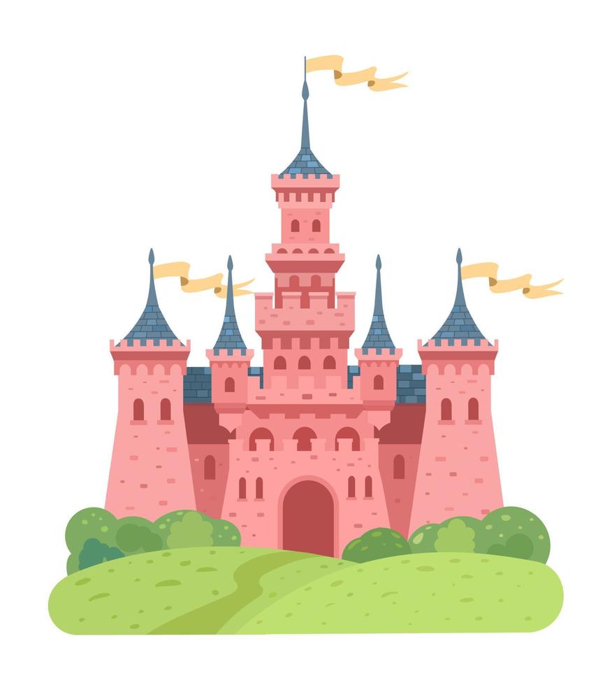 magiskt rosa slott på kullen. gotisk byggnad. prinsessans slott. vektor illustration
