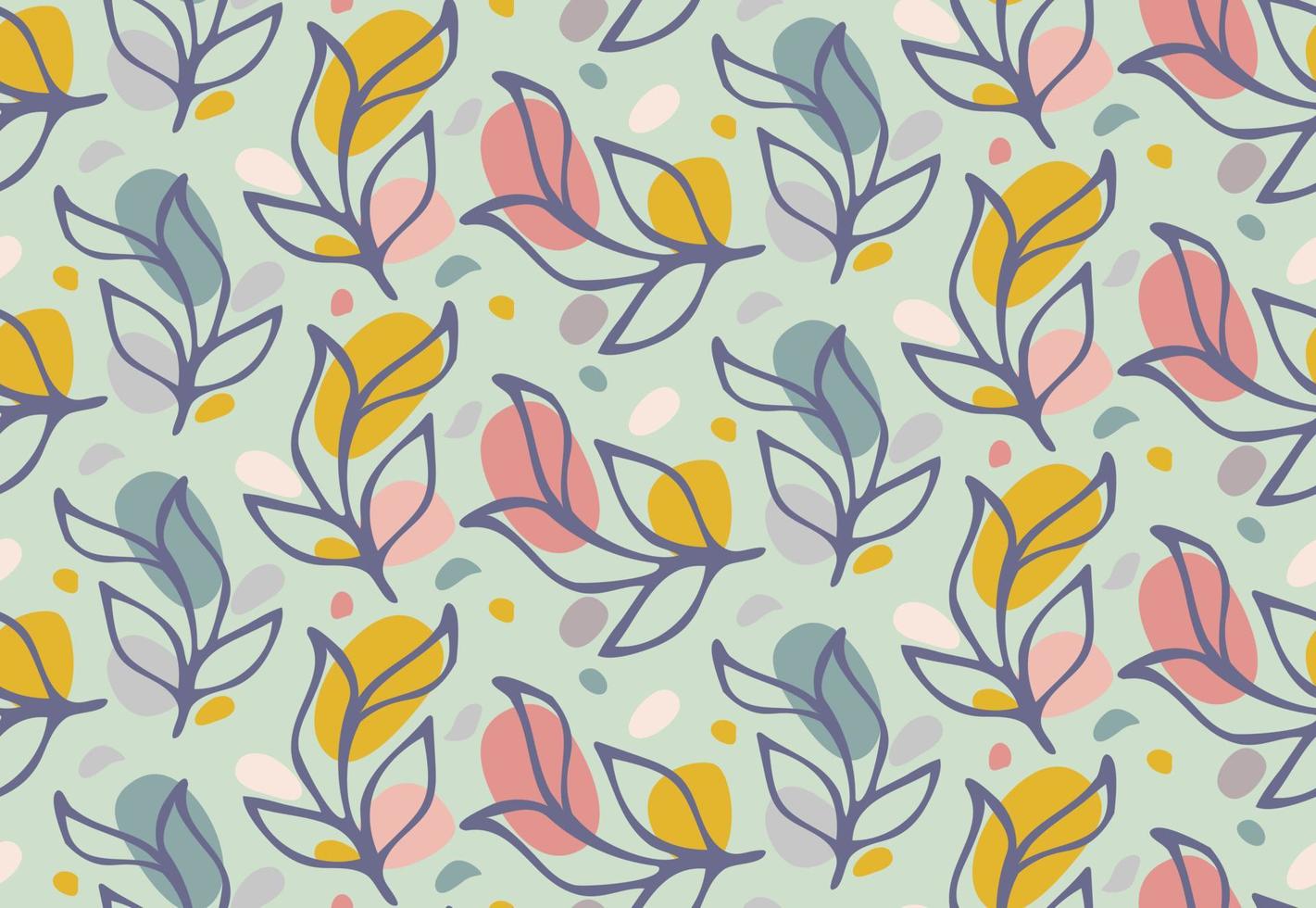 seamless mönster med bläck blommiga blad handritad doodle och abstrakt färgade runda former. klassisk bakgrund, textiltryck prydnad, modedesign vektor element textur