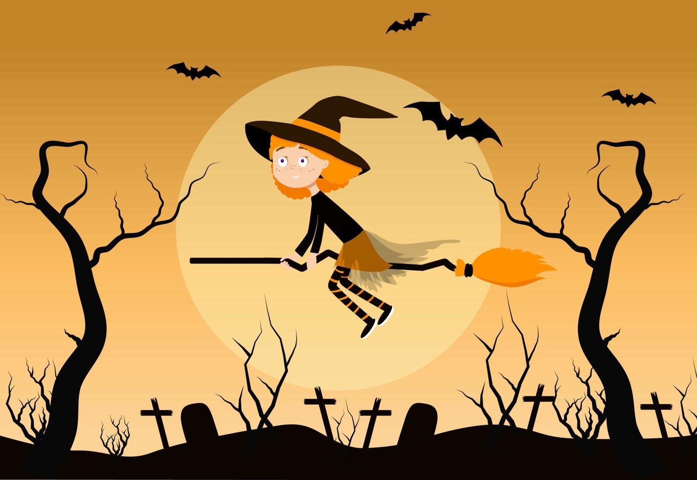 Hexe auf Besenkarikatur-Vektorillustration. die Hexe fliegt über den Friedhof. Halloween-Hintergrund, eps 10 vektor