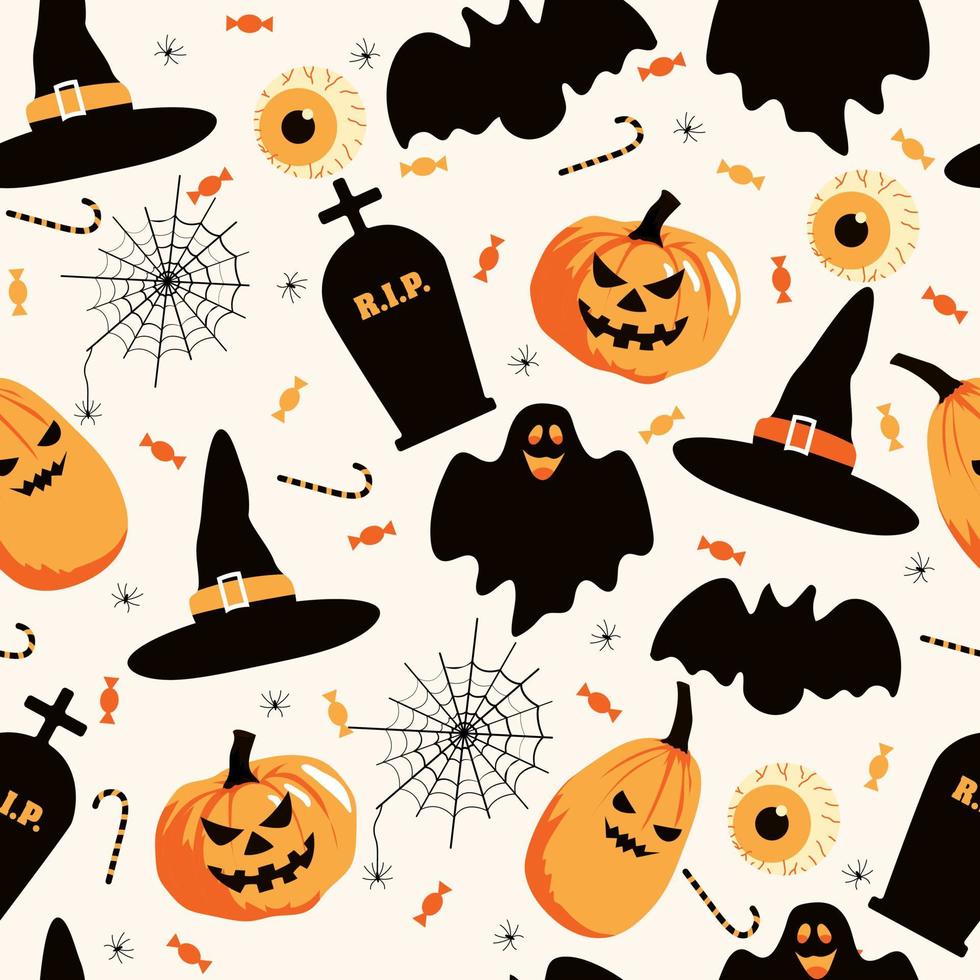 Halloween nahtloses Muster mit Hexenhut, Spinnennetz, Grab, Geist, Kürbis und Süßigkeiten. Vektor-Illustration vektor