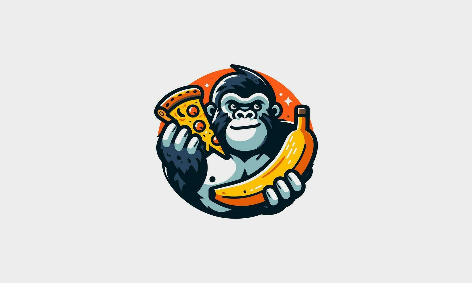 Gorilla halt Pizza und Banane Vektor Maskottchen eben Design