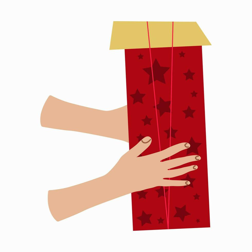 geben ein Geschenk. Hand mit Geschenk Box Design zum Banner, Netz. Hände halten ein festlich Kasten. Vektor Illustration...