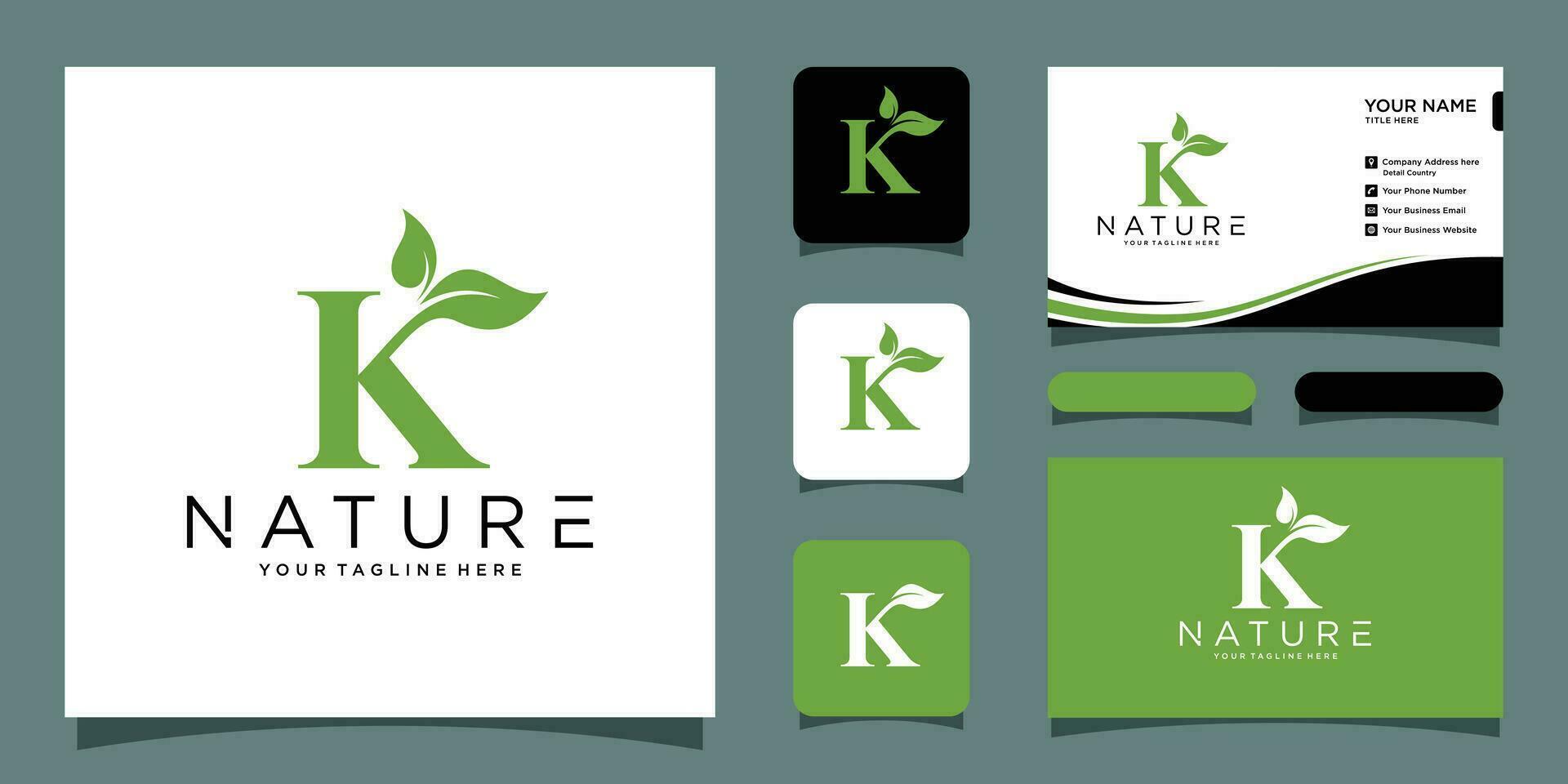 k Brief Logo Design mit ein Kombination von Blätter mit Geschäft Karte Design vektor