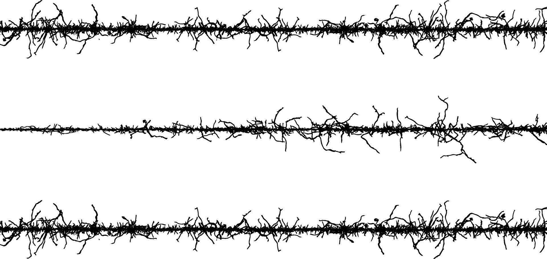 en uppsättning av tråd staket staket tråd gräs svart och vit vektor grenar, en svart och vit vektor av en linje av gräs