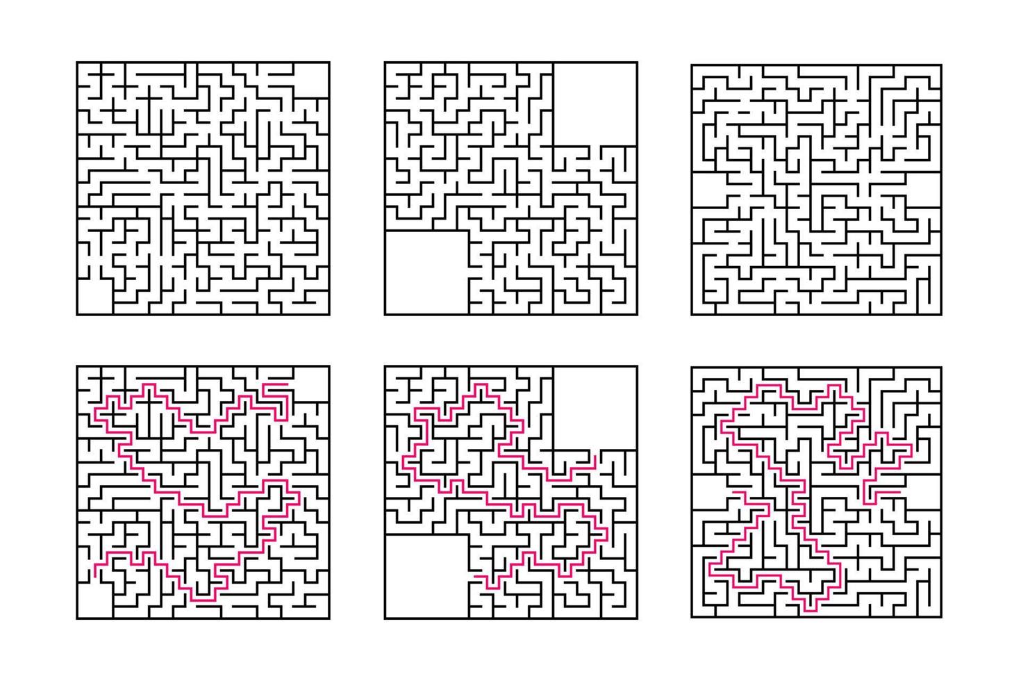 en uppsättning fyrkantiga labyrinter. spel för barn. pussel för barn. en ingång, en utgång. labyrintkonst. platt vektorillustration isolerad på vit bakgrund. med svar. med plats för din bild. vektor
