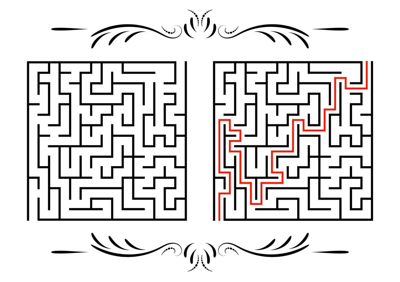 abstraktes quadratisches Labyrinth. Spiel für Kinder. Puzzle für Kinder. ein Eingang, ein Ausgang. Labyrinth Rätsel. flache Vektorillustration lokalisiert auf weißem Hintergrund. mit Antwort. mit Vintage-Bordüre vektor