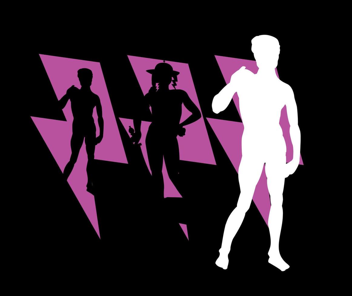 T-Shirt Design von drei violett Blitz Symbole mit Silhouetten von nackt Männerstatuen von David gemacht durch Michelangelo und David durch Raphael. vektor