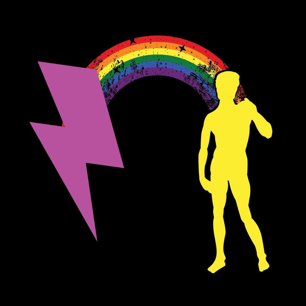 T-Shirt Design von das Blitz Symbol und ein Silhouette von ein nackt Mann Nächster zu ein Regenbogen. Illustration von David durch Michelangelo gut zum Fröhlich Stolz. vektor