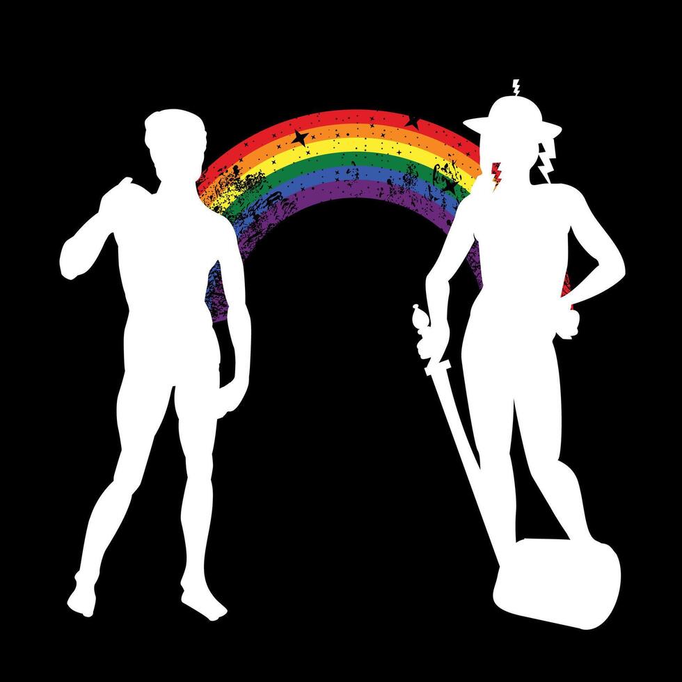 t-shirt design av de silhuett av två naken män förenad förbi en regnbåge. David förbi michelangelo och David förbi raphael. Gay stolthet. vektor