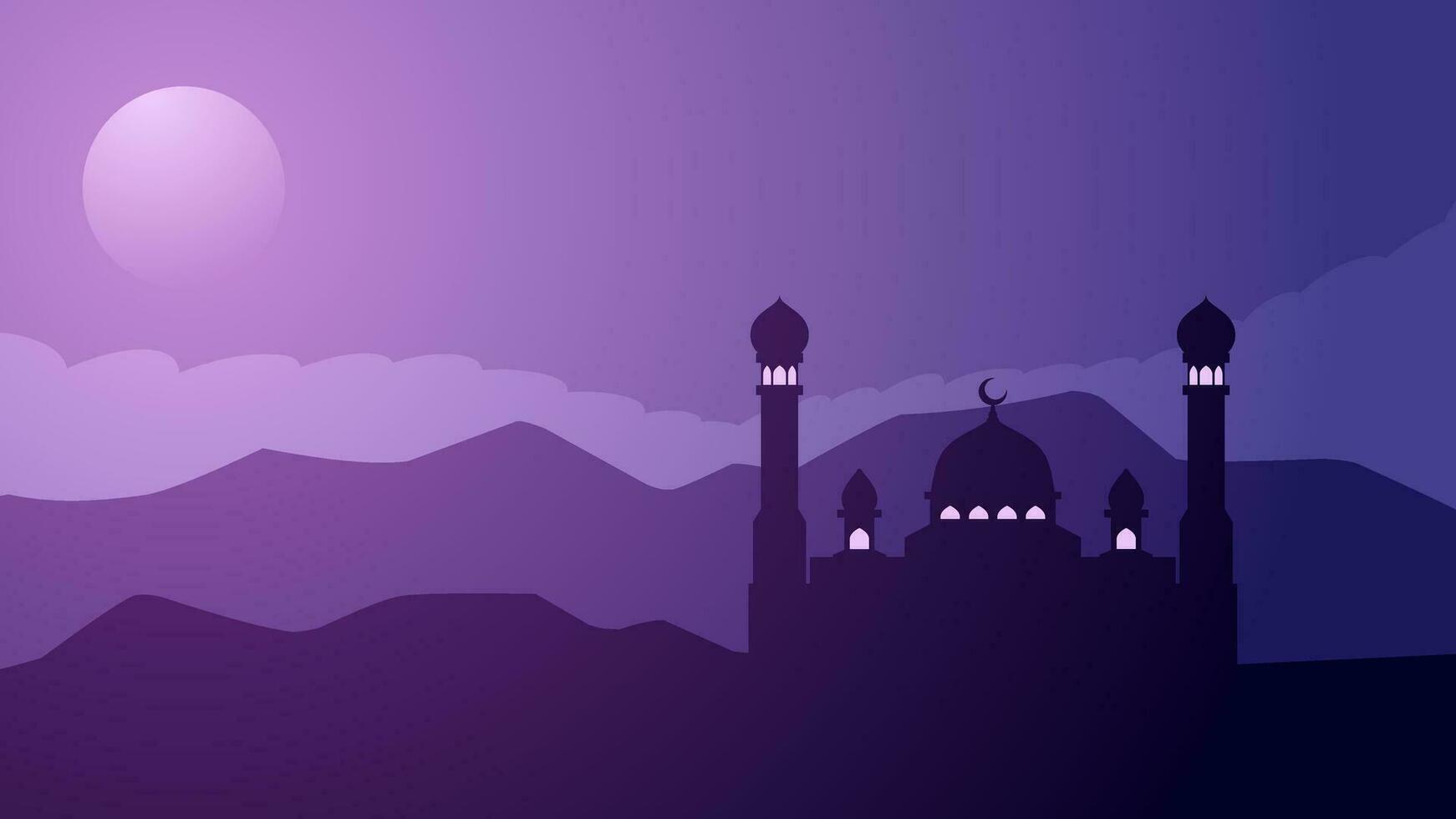 ramadan landskap silhuett i de natt vektor illustration. ramadan landskap design grafisk i muslim kultur och islam religion. moské landskap illustration, bakgrund eller tapet