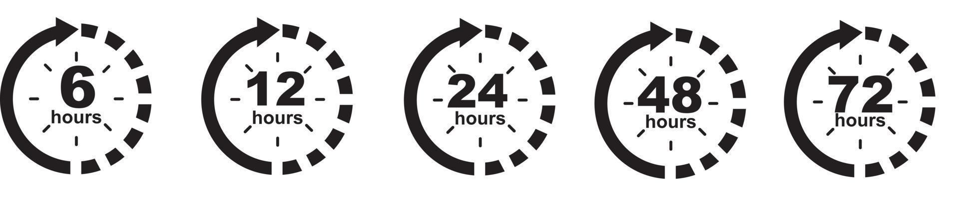 6, 12, 24, 48, 72 Stunden Uhrpfeil. Symbolarbeitszeit, Liefer- und Servicezeit, isoliert auf weiß, Vektorsymbolillustration vektor
