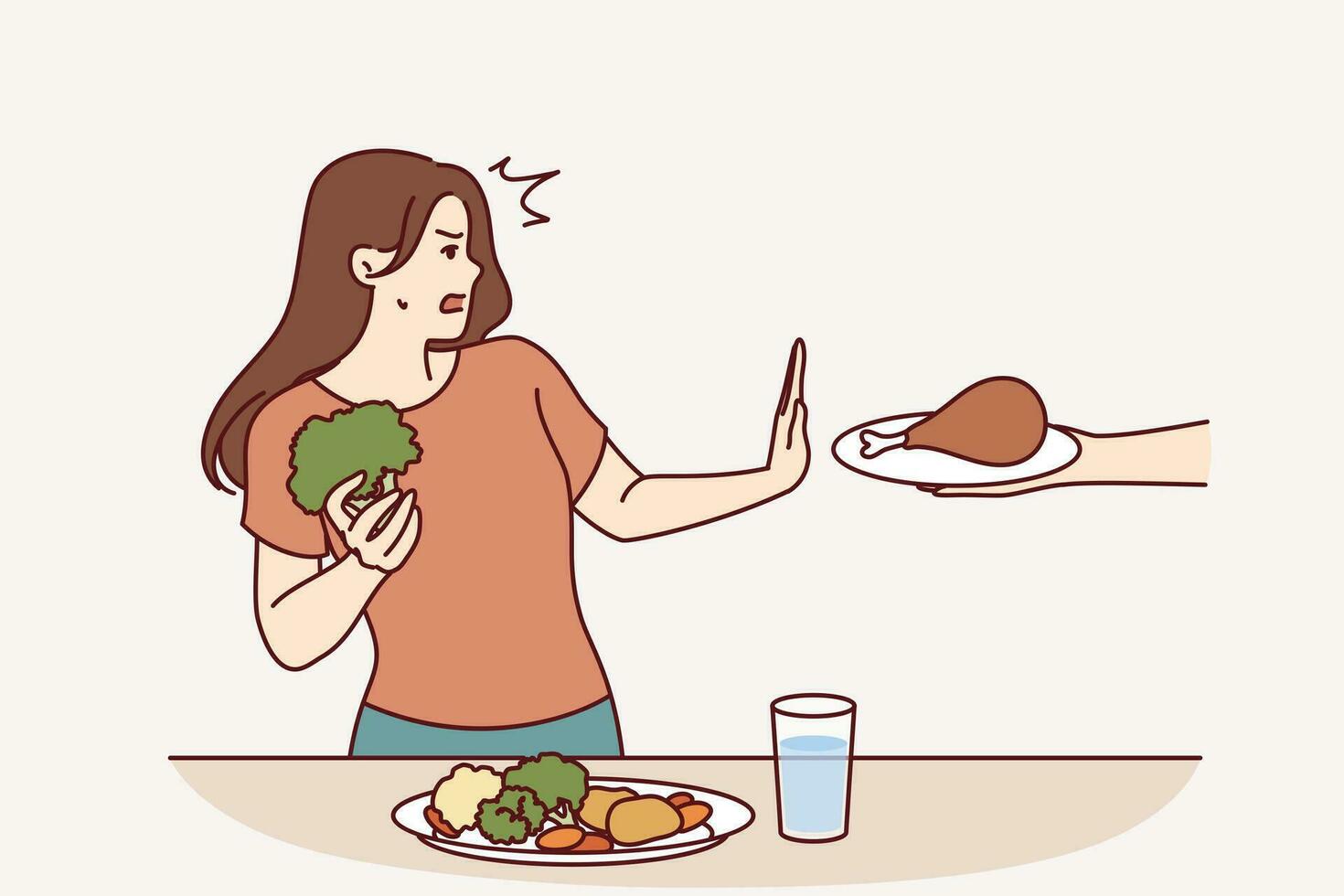 vegetarian kvinna vägrar kött och gör sluta gest i rädsla medan äter färsk grönsaker. vegetarian flicka säger Nej till person erbjudande skräp Hög kalorie mat och leder friska livsstil vektor