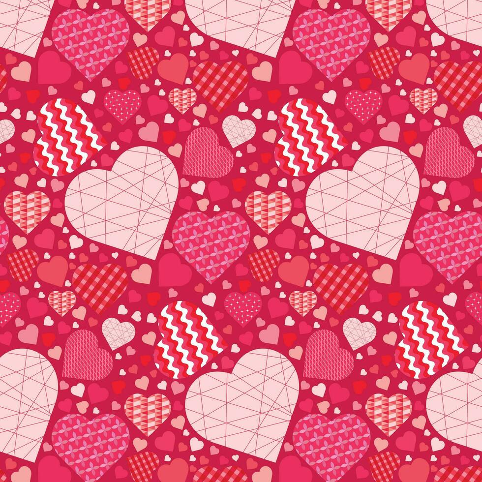 Hintergrund mit Herzen im Patchwork Stil im Rosa Töne. Design zum Valentinstag Tag. Muster auf das Swatch Tafel. vektor