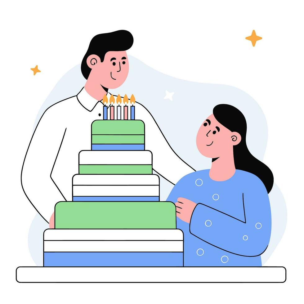 Mann, Frau und enorm Geburtstag Kuchen mit Kerzen. eben Vektor Illustration.