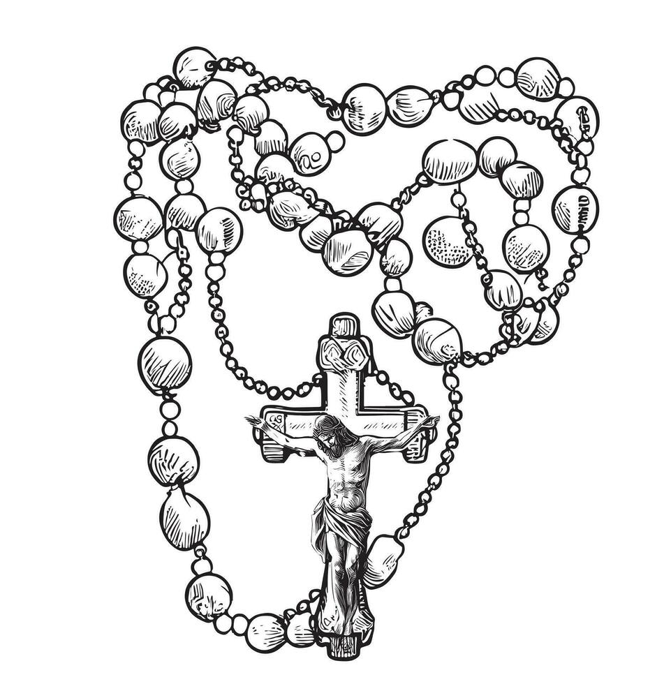 katholisch Rosenkranz mit Kreuz Hand gezeichnet skizzieren im Karikatur Stil Religion Vektor Illustration