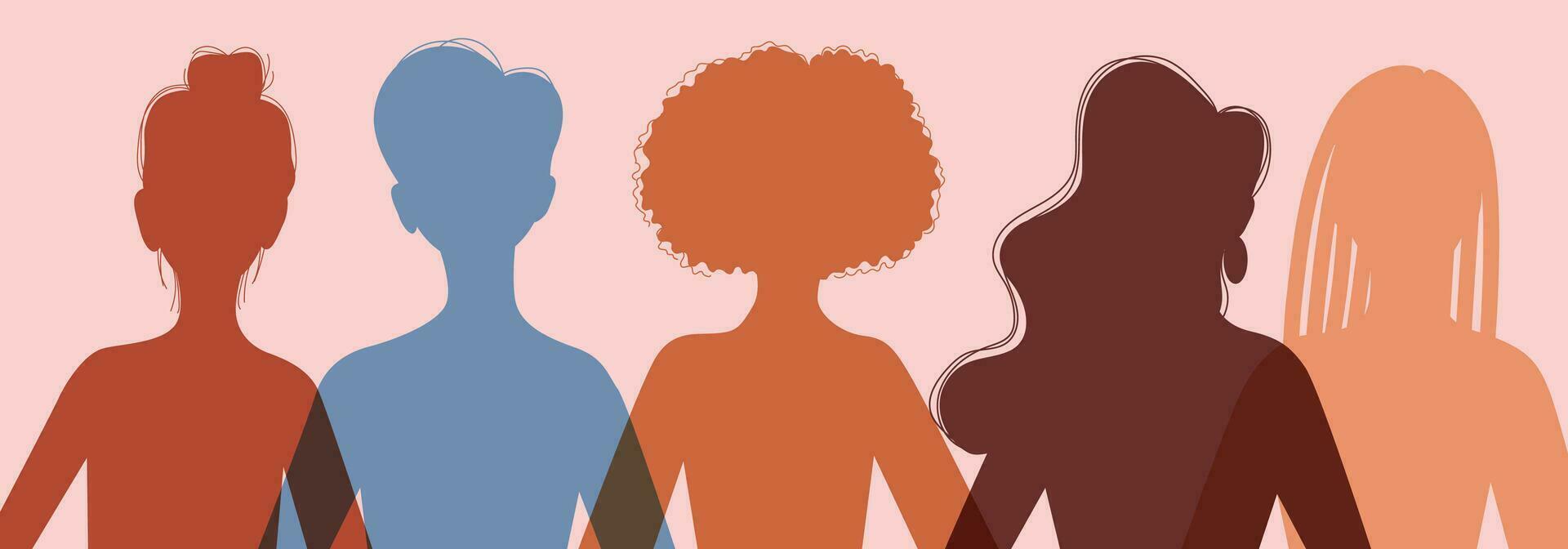 vielfältig Frauen Silhouette. Feminist Illustration. International Damen Tag. Konzept zum Gleichwertigkeit, Aktivismus. verschiedene Frauen Stehen zusammen. Mädchen Leistung. bunt Silhouetten von weiblich Köpfe. vektor