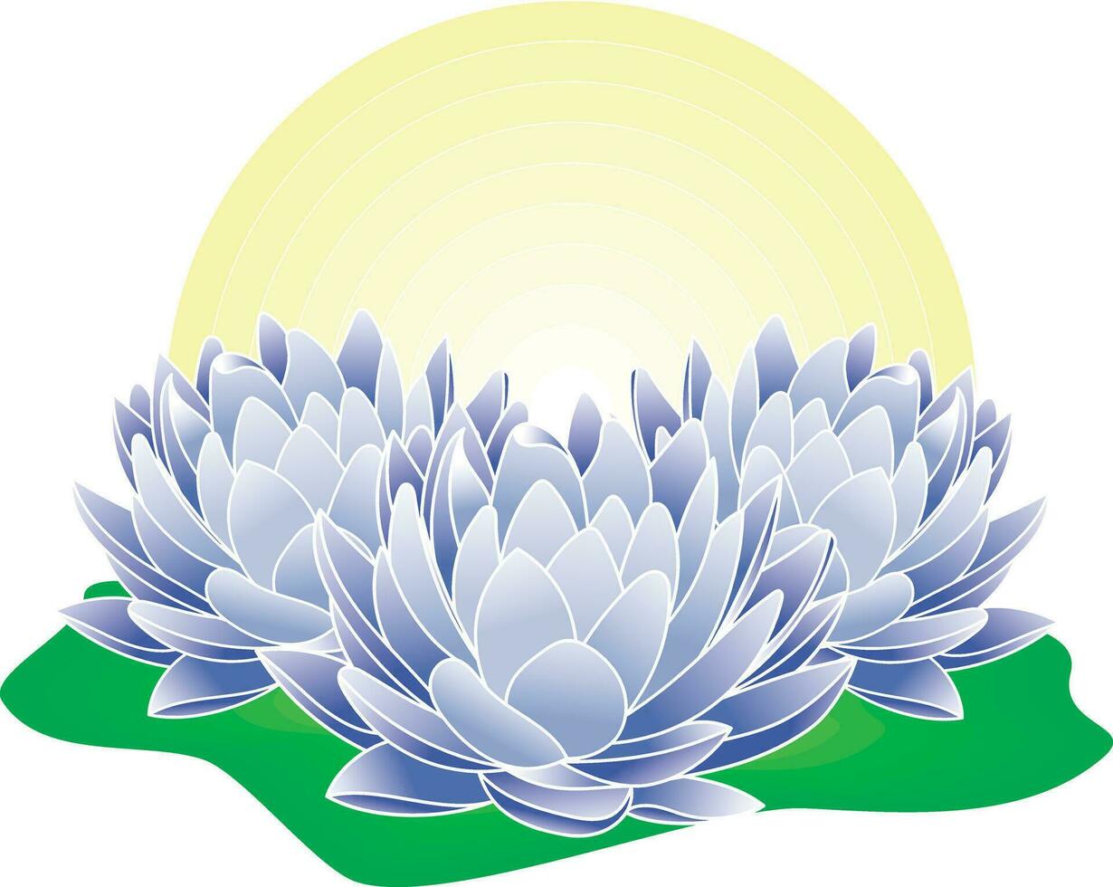 illustration blå lotus blomma på grön blad och gul cirkel bakgrund. vektor