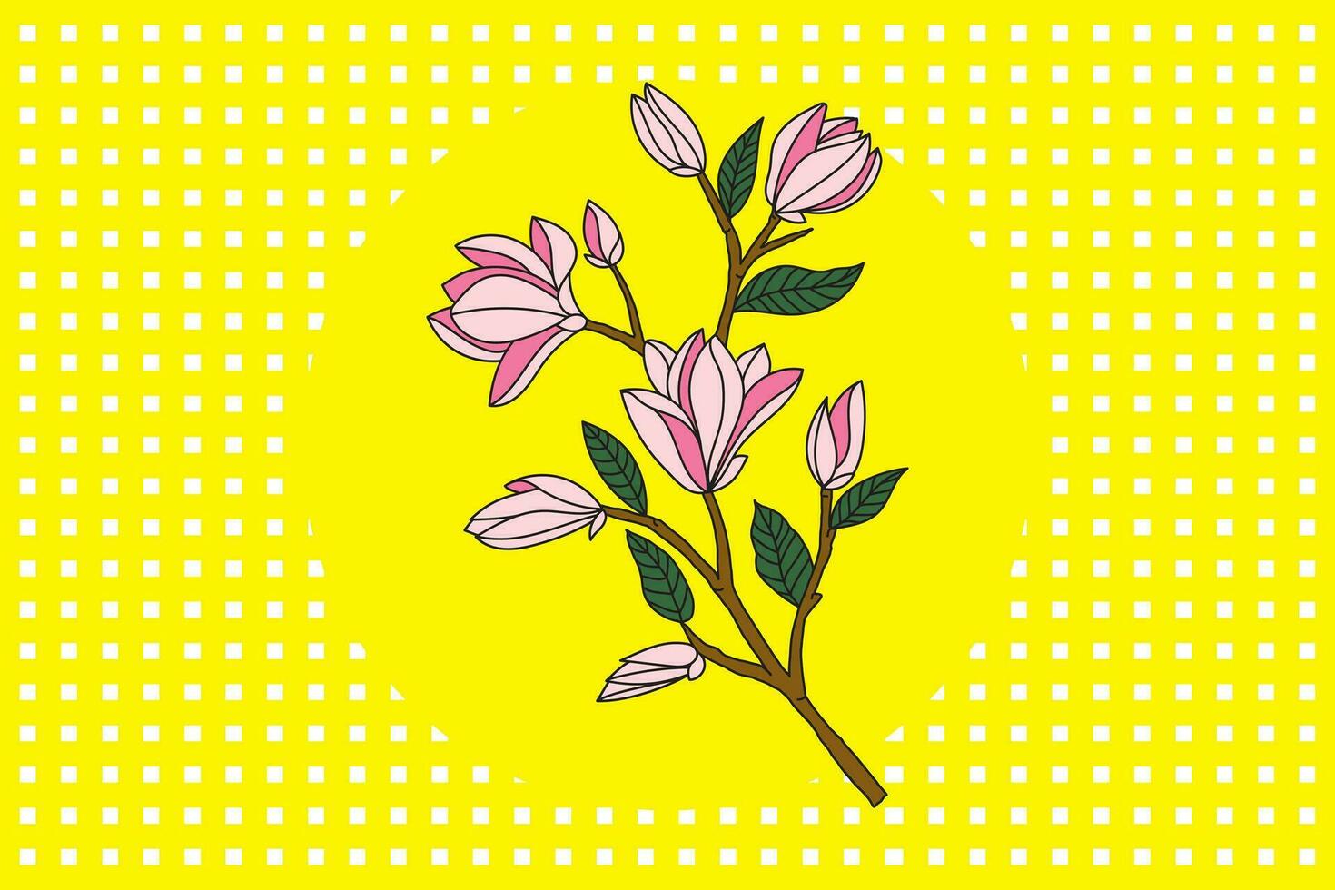 Illustration von Verbanica Untertasse Magnolie Blume sind Blühen auf Gelb Kreis und Gelb Punkt Hintergrund. vektor
