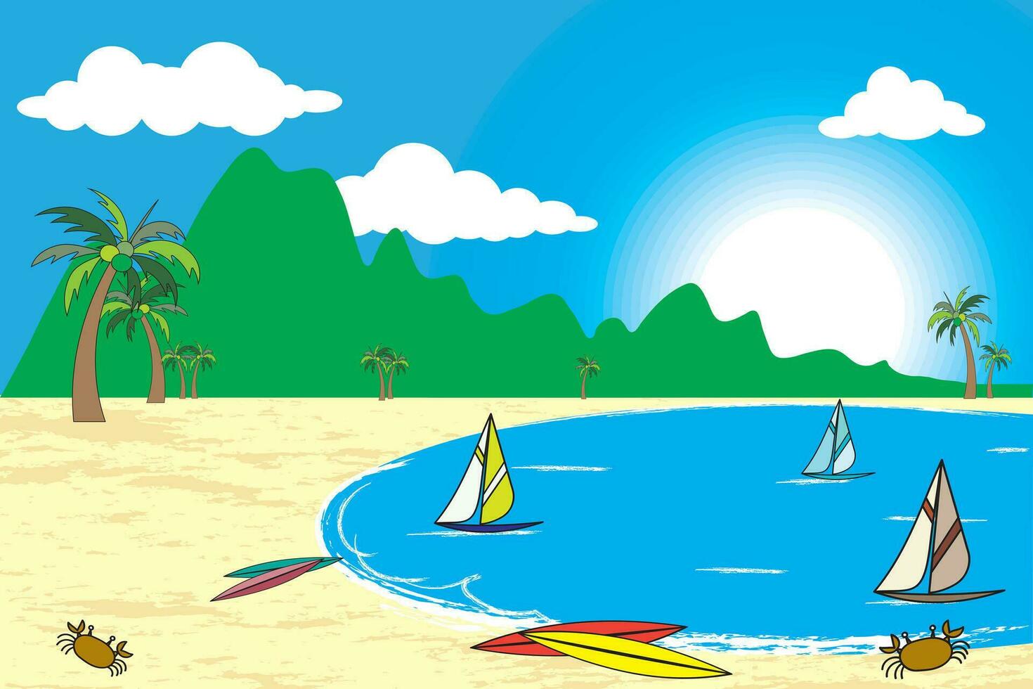 abstrakt Aussicht von das Strand mit Segelboot auf das Meer und Himmel Hintergrund. vektor