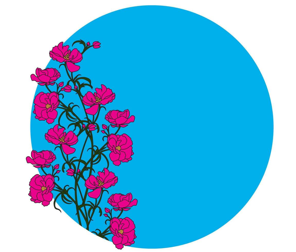 illustration av de rosa blomma med löv på blå cirkel bakgrund. vektor