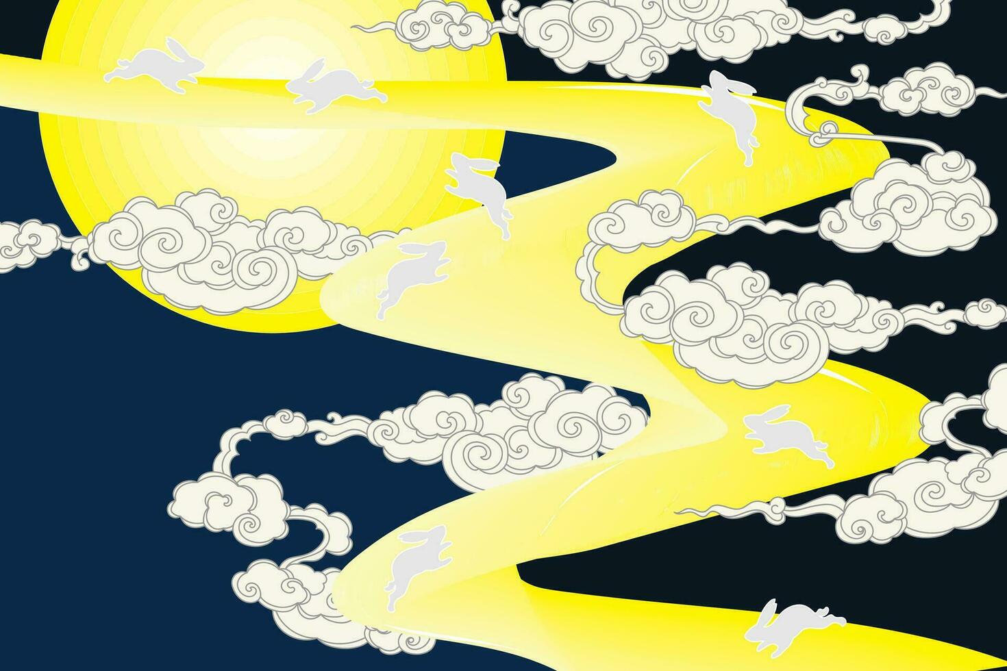 illustration, fullmåne kanin mitten höst festival med chines cloude på djup blå bakgrund. vektor