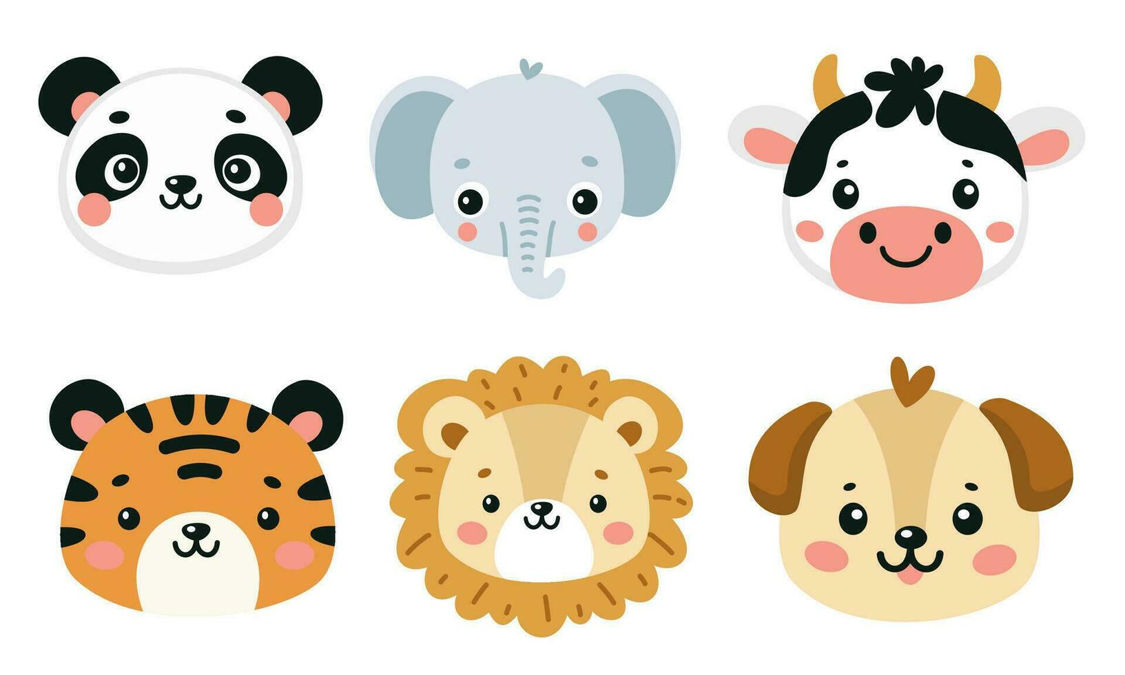 süß Vektor Gesichter von anders Tiere. Tiger, Löwe, Elefant und Panda. ein Kuh und ein Hund