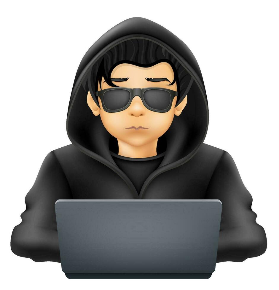 jung Hacker Programmierer es Spezialist Codierer Sitzung beim ein Laptop im ein Sweatshirt mit ein Kapuze Vektor Illustration