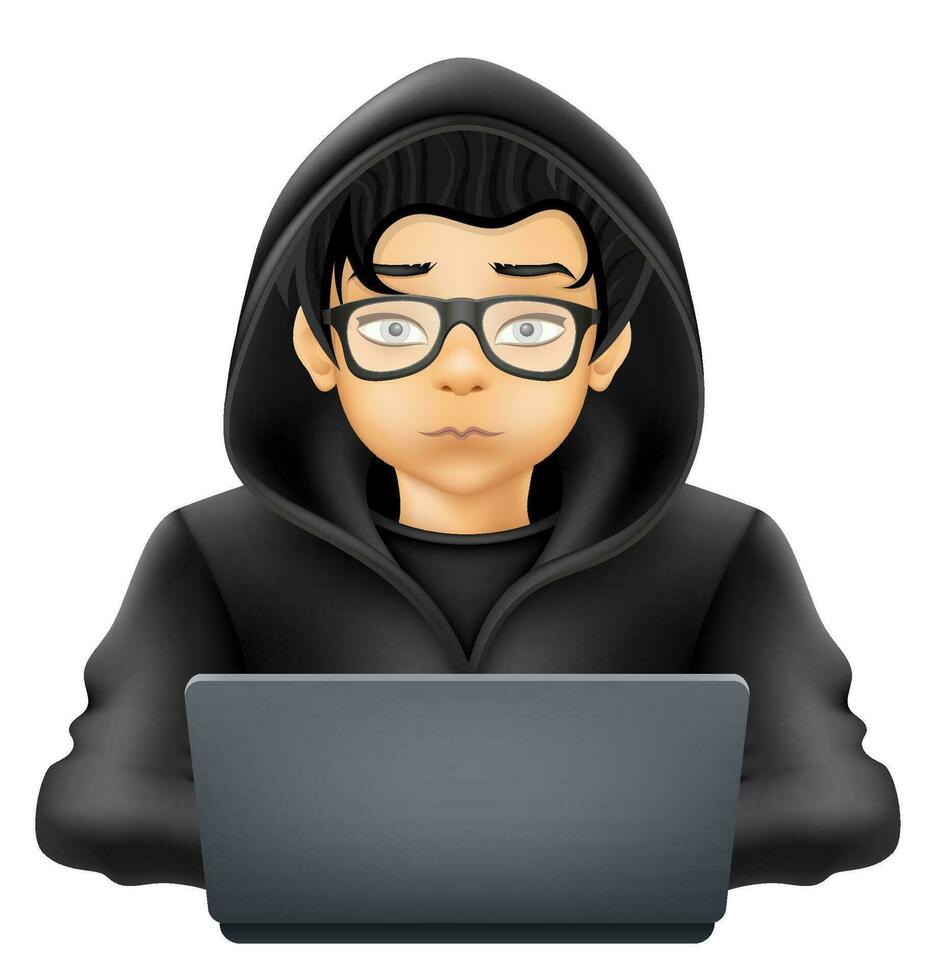 jung Hacker Programmierer es Spezialist Codierer Sitzung beim ein Laptop im ein Sweatshirt mit ein Kapuze Vektor Illustration