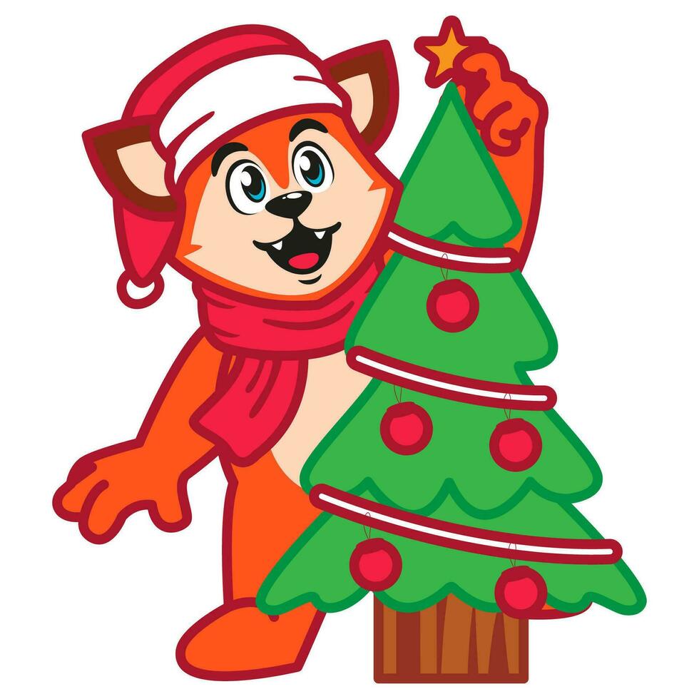 söt röd räv djur- karaktär med jul träd vektor