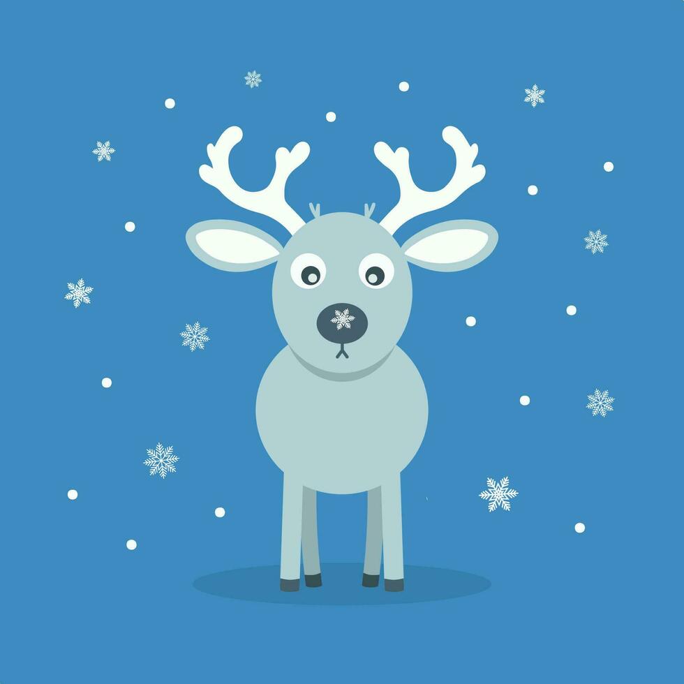 grau Rentier mit groß Geweih auf Blau Hintergrund mit Schneeflocken. Weihnachten Vektor Clip Art