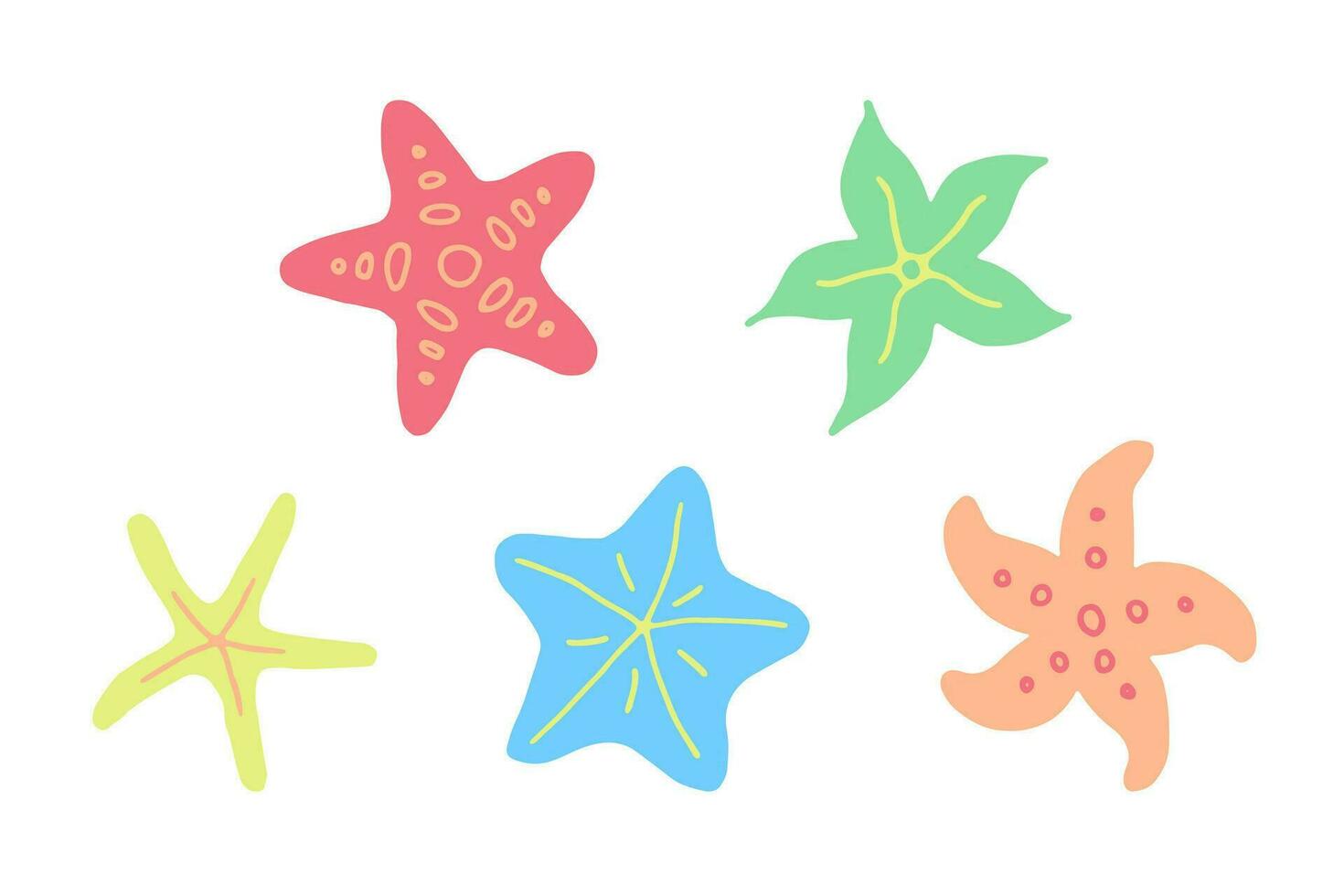 vektor hav stjärnor uppsättning. klotter vibrerande flerfärgad sjöstjärnor, isolerat samling av ikoner på vit bakgrund. under vattnet liv. platt tecknad serie design