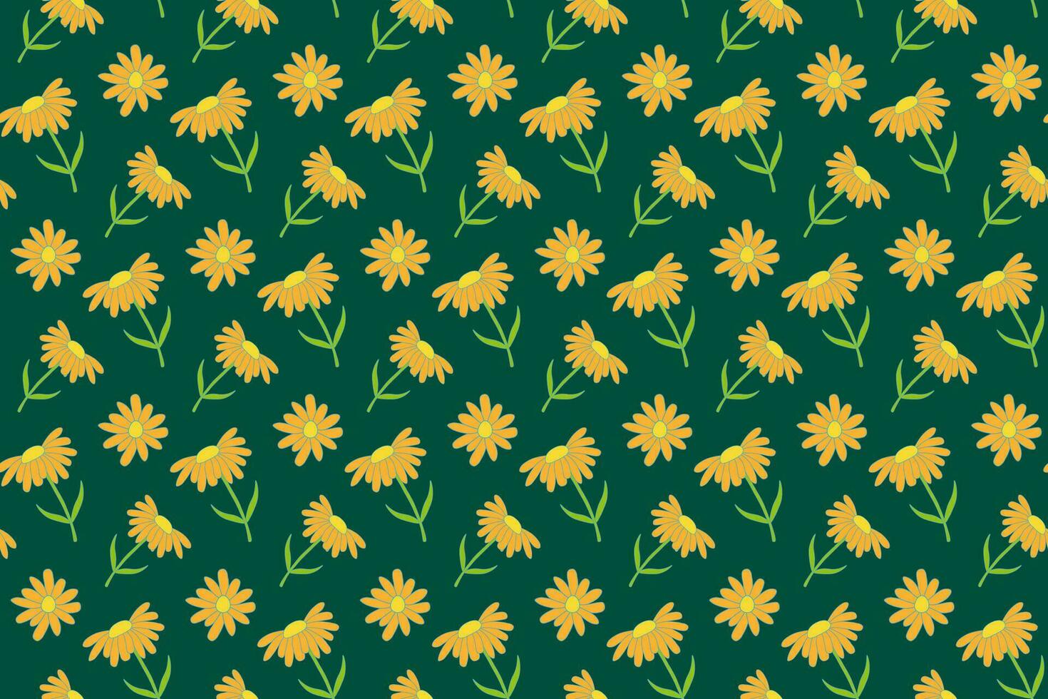 Gelb Gänseblümchen Blumen nahtlos Muster. Vektor Grün Hintergrund. Kamille mit Orange Blütenblätter. Swatch zum Verpackung Papier oder Stoff. eben Stil Design