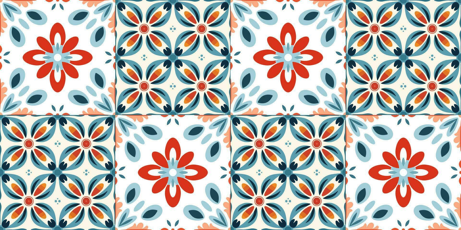 scandinavian stil bricka i blå och röd färger. etnisk vektor sömlös blommig mönster. abstrakt fyrkant geometrisk swatch för omslag papper, inomhus- dekor, eller tyg