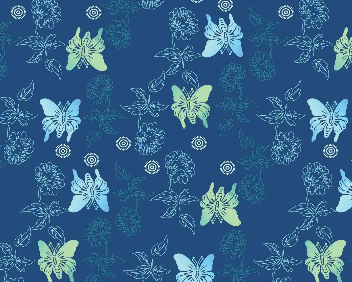 elegant Schmetterlinge und Blumen auf dunkel Blau Muster vektor