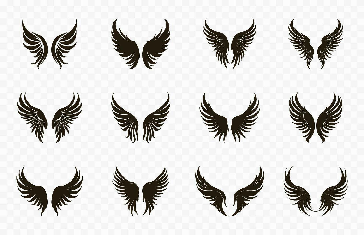 uppsättning av annorlunda vingar silhuetter vektor samling, ängel vingar med lång fjäder vektor