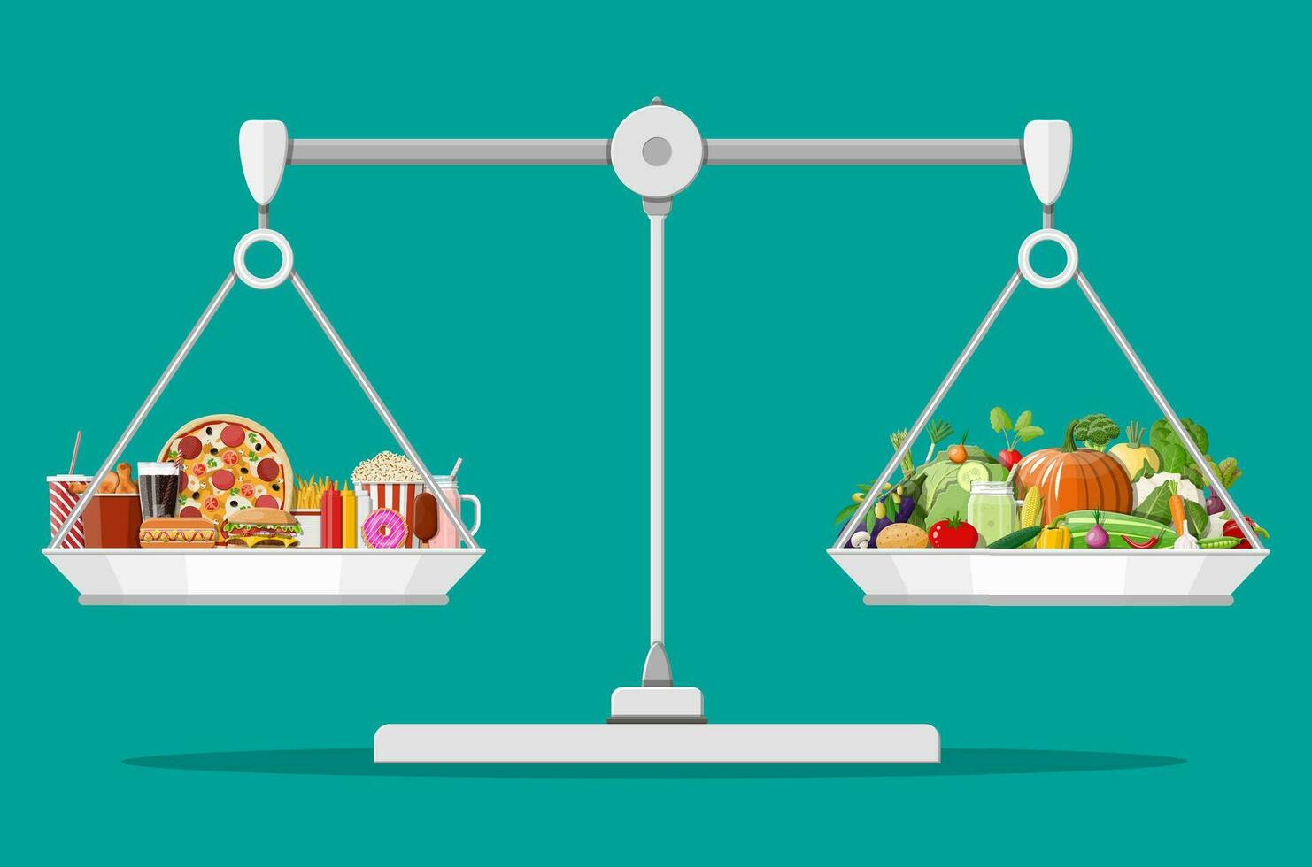 Waage mit schnell Essen und organisch Produkte. Diät, Ernährung, Fitness und Gewicht Verlust oder Übergewicht fett. fettig Cholesterin vs. Vitamine von Gemüse. Essen Auswahl. eben Vektor Illustration