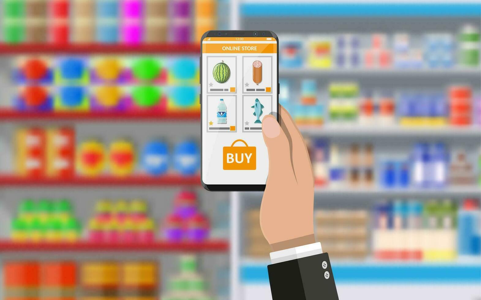 Hand halten Smartphone mit Einkaufen App. Lebensmittelgeschäft Lieferung. Internet Befehl. online Supermarkt. Vektor Illustration im eben Stil