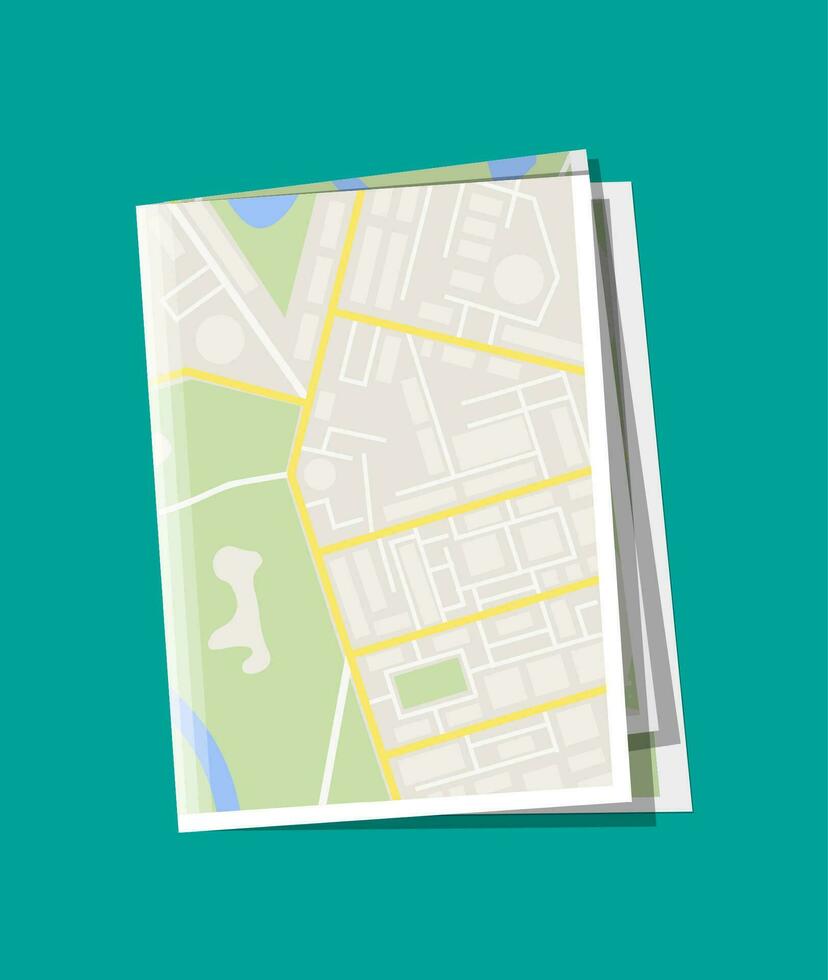 vikta papper stad förorts Karta. abstrakt generisk Karta med vägar, byggnader, parker, flod, sjö. gps och navigering. vektor illustration i platt stil