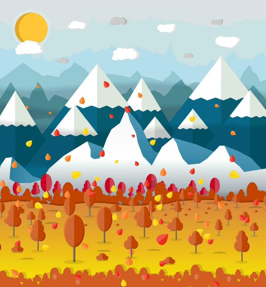 Herbst Natur Landschaft Natur, Berge, Sonne, Bäume, Wolken. Vektor Illustration im eben Stil