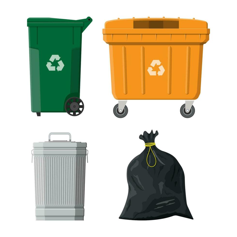 können Container, Tasche und Eimer zum Müll. Recycling und Verwertung Ausrüstung. Abfall Management. Vektor Illustration im eben Stil
