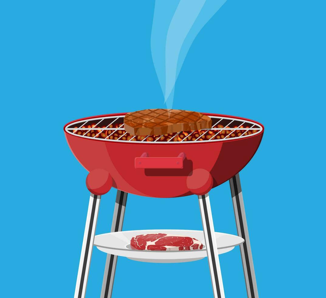 runda utegrill grill. bbq ikon. elektrisk grill. enhet för fräsning mat. färsk kött och biff. vektor illustration i platt stil